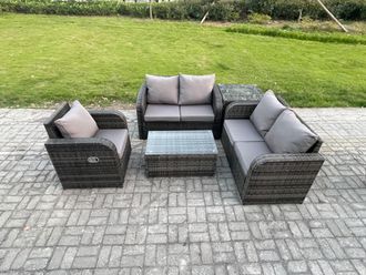 Fimous High Back Rattan Garden Furniture Set w/ Loveseat Sofa Rectangular Coffee Table Side Table Indoor Outdoor Patio Lounge Sofa Set Dark Grey Mixed