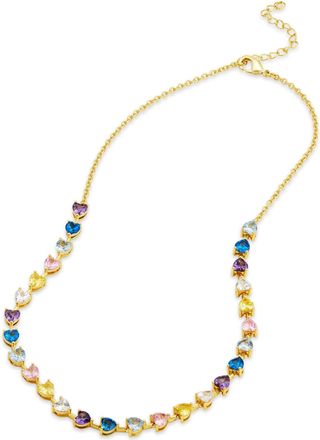Savvy Cie Jewels GOLD PLATED OVER STERLING SILVER.925 PRONG SET HEART TENNIS NECKLACE ON THE CHAIN MIX COLOR CZ NECKLACE