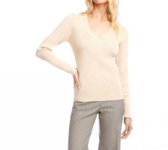 Karen Kane Rhea Ribbed V-Neck Sweater In Antique Cream