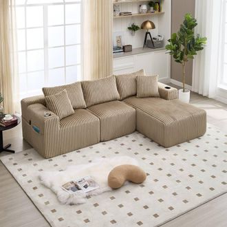 Direct Wicker Modular Sectional Sofa, L Shaped Comfy Cloud Couch in Beige | Size: 3 Seater