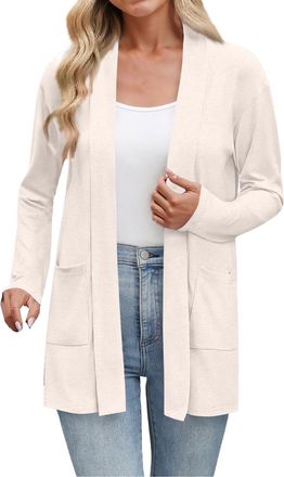 Generic Cardigans for Women UK Open Front Long Sleeve Longline Cardigan Lightweight Casual Loose Autumn Outerwear(Beige, XXL) weiße Bluse Damen Elegant