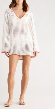 Elan Long Sleeve Sheer Open Stitch Cover-Up Dress in White at Nordstrom, Size X-Small