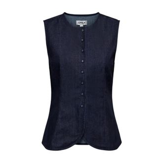 Only Vests, female, Blue, Size: M Sleeveless Button-Up Gilet with Round Neck