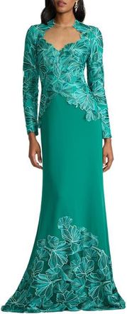 Tadashi Shoji Embroidered Detail Long Sleeve Gown in Emerald at Nordstrom, Size 20