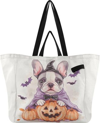 Generic Bulldog Pumpkin Bats Beige print Reusable Canvas Tote Bag, Heavy Duty Grocery Shopping Bag with Double Handles Hard Bottom Large Capacity Work Groceri