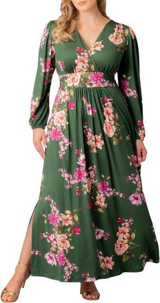Kiyonna Kelsey Long Sleeve Maxi Dress in Green Floral Print at Nordstrom, Size 0X