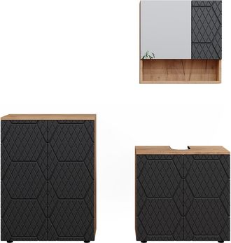 Vicco Conjunto De Muebles De Ba&ntilde;o Irma, Rayas Antracita, 3 Piezas, Con Mueble Bajo 60 Cm