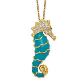 Diamond2Deal Sterling Silver Gold-plated Enameled Black and White Cubic Zirconia Seahorse Necklace 18