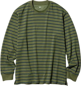 Uniqlo AIRism Cotton Striped Crew Neck T-Shirt Long Sleeve Olive 477340-56