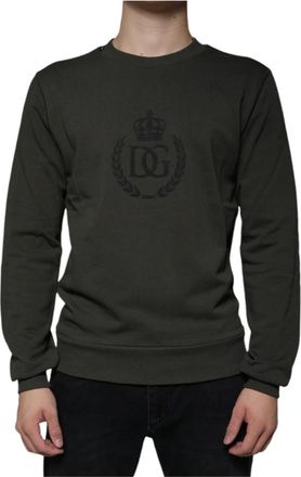 Dolce & Gabbana Kroonprint Army Green Pullover - Heren - Ronde hals truien - Groen - XS - Katoen - Truien & Vesten