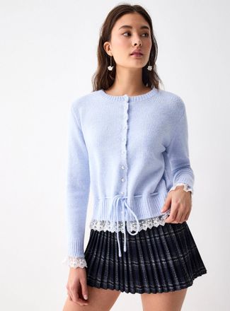 Twik Womens Iridescent buttons lace trim Cardigan Sweater