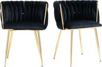 STILVORA Silla De Comedor Juego De 2 Con Respaldo Trenzado Y Patas De Metal, Para Comedor Y Sal&oacute;n, Terciopelo Negro 55.5 X 41 X 74 Cm