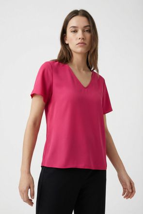 Only Carmakoma Shirtbluse ONLY CARMAKOMA CARMETTA LIFE V-NECK SS TOP WVN NOOS, Damen, Gr. 42, raspberry, Jersey, Obermaterial: 100% Polyester, unifarben, regular fit