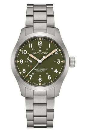 Hamilton Khaki Field Mechanical Power Reserve Bracelet Watch, 40mm in Green at Nordstrom