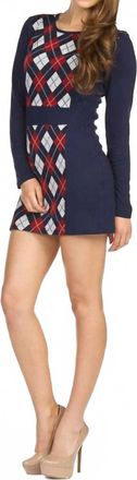 Papillon Plaid Print Panel Long Sleeve Dress In Navy