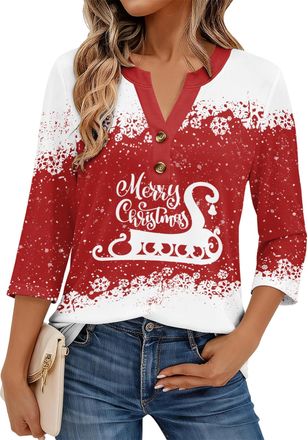 Generic Womens 3/4 Sleeve Christmas Print Henley Blouse, Trendy Fall Fashion Top 2025, Casual & Dressy Shirt (UK, Alpha, XXL, Regular, Regular, Christmas15)