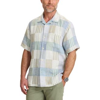 Tommy Bahama Patchwork Sands Linen & Cotton Camp Shirt in Blue/Biscotti Tan at Nordstrom, Size 3Xlt