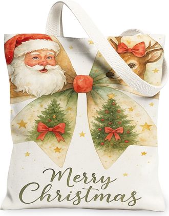 Generic Christmas Canvas Tote Bags, Vintage Santa and Reindeer Design Reusable Grocery Bags, Lightweight Washable Shoulder for Trav, White, 13x15 Inch