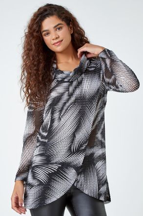 Roman Abstract Print Cowl Neck Stretch Tunic Top