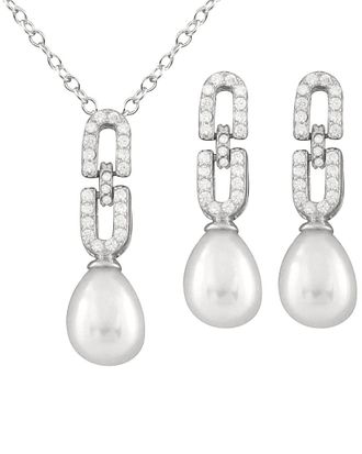 Splendid Pearls Rhodium Plated Silver 7.5-8Mm Freshwater Pearl & Cz Drop Earrings & Necklace Set