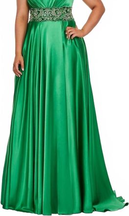 Rachel Allan Stretch Satin Empire Waist Prom Gown In Emerald
