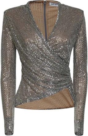 Self Portrait Rhinestone Wrap Top - Dames - Longsleeves - Grijs - 2XS - Polyester - Tops
