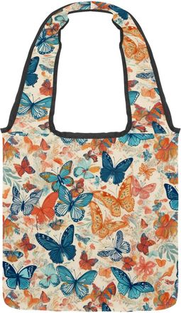 Generic Blue Orange Butterflies Reversible Canvas Shoulder Tote - Double-Sided Print, 12oz Cotton, 27cm Drop, Fold-Flat Bag for Travel, Shopping, Street Outin