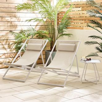Furniturebox 2x Corsica Metal & Textilene Outdoor Deckchairs with Headrest in Cream