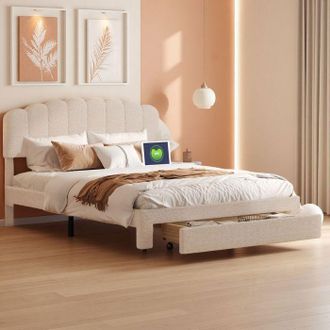 OEM Cama 160x200 Cm De Terciopelo Teddy Beige - Marco Contempor&aacute;neo Con Puertos Usb Y Type-c, Somier De Lamas, Caj&oacute;n