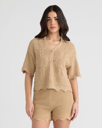 NVLT Womens Short Sleeve Crochet Sweater