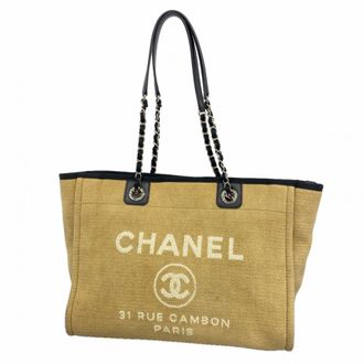 Chanel Beige Black Canvas Tote Bag (Pre-Owned)