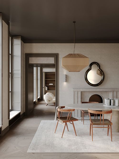 Foto von einem Essbereich mit rundem Tisch und Outdoor Stühle.