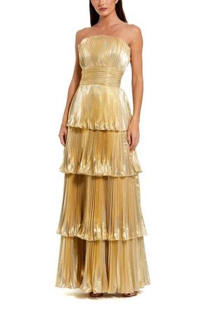 Mac Duggal Strapless Pleated Metallic Layered High Low Gown in Gold at Nordstrom, Size 14