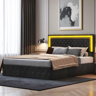 OEM Cama Lit 160x200 - Terciopelo Negro - Somier De Lamas Incluido - Led Integrada