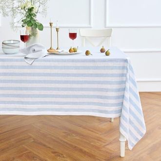 Solino Home Linen Tablecloth for Dining Table, Holiday and Everyday Dining Table Decor - Sorrento Stripe in Blue And White at Nordstrom, Size X-Small