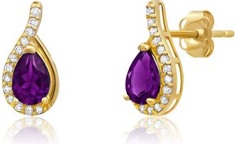 MAX + STONE 14k Yellow or White Gold Gemstone Pear Shape Drop Stud with Diamonds Accents