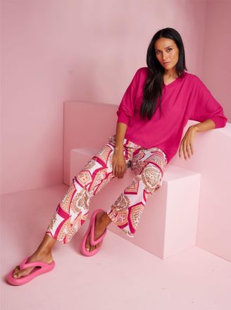 Heine Langarmbluse HEINE, Damen, Gr. 34, pink, 100% Polyester, unifarben, V-Ausschnitt, Blusen Langarmbluse