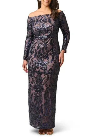 Adrianna Papell Off the Shoulder Sequin Gown in Navy/rosegold at Nordstrom, Size 20W