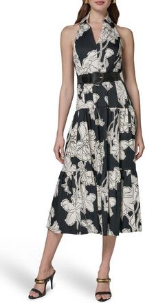 DKNY Floral Print Halter Midi Dress in Black Cream at Nordstrom, Size 14