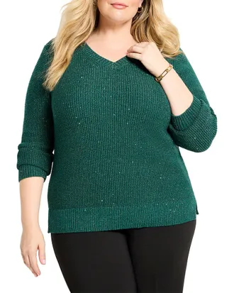 Nic+Zoe NIC+ZOE Plus Shimmer Waffle V-Neck Sweater