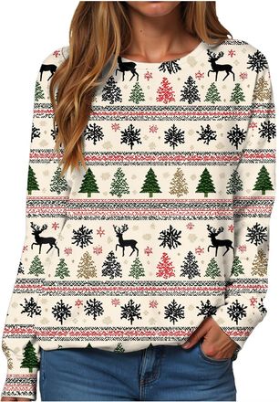 Generic Womens Christmas Sweatshirt Christmas Print Long Sleeve Pullover Top Casual Loose Fit Blouse Holiday Xmas Hoodless Cozy Warm Lightweight Round Neck To