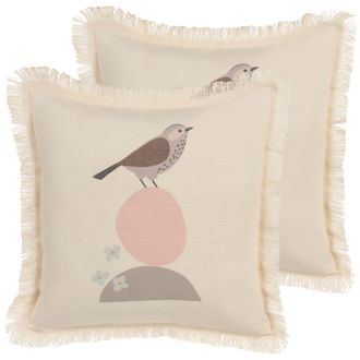 Beliani Conjunto De Cojines Almohadas Minimalista Motivo P&aacute;jaro Impresi&oacute;n Flecos Borlas 60 X 60 Cm Beige Wattle