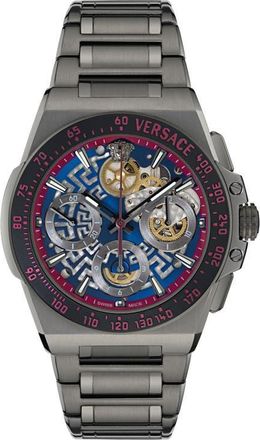 Versace Greca Extreme Skeleton Dial Automatic Chronograph Bracelet Watch, 43mm in Blue/Ip Gunmetal at Nordstrom