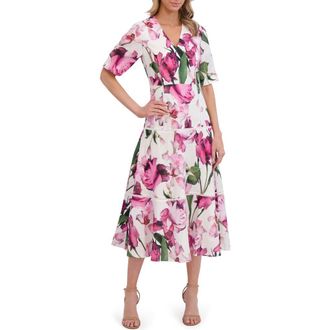 Ted Baker Floral Print V-Neck Linen Dress in Ultra White at Nordstrom Rack, Size 14