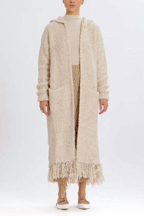 Something Navy Fringe Long Hooded Cardigan In Tan
