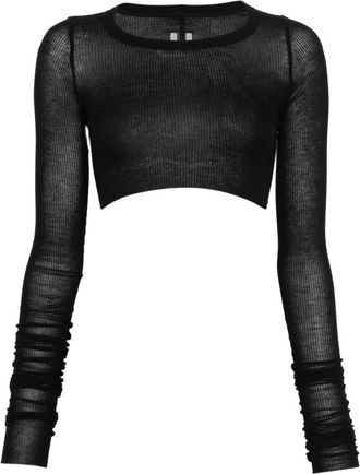 Rick Owens Cropped Ronde Hals Top met Lange Mouwen - Dames - Longsleeves - Zwart - L - Katoen - Tops