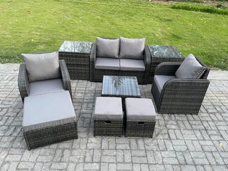 Fimous Rattan Garden Furniture Set Patio Conservatory Indoor Outdoor 9 Piece Set with Love Sofa Square Coffee Table in Dark Grey