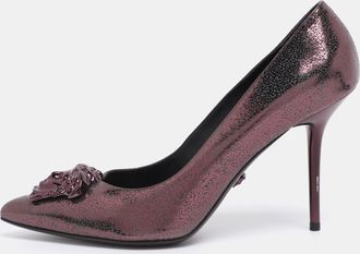 Versace Metallic Purple Leather Medusa Pointed Toe Pumps