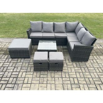 Fimous Rattan Garden Furniture Set Outdoor Lounge Corner Sofa Set With Square Coffee Table 3 Footstools 9 Seater Dark Grey Mixed - Fimous