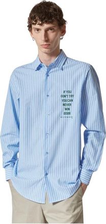 John Richmond Blauw gestreept katoenen shirt met minimale tekstprint - Heren - Casual Overhemden - Blauw - M - Katoen - Overhemden
